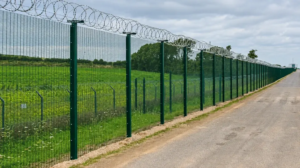 Security mesh panels and razor wire along a gravel access route