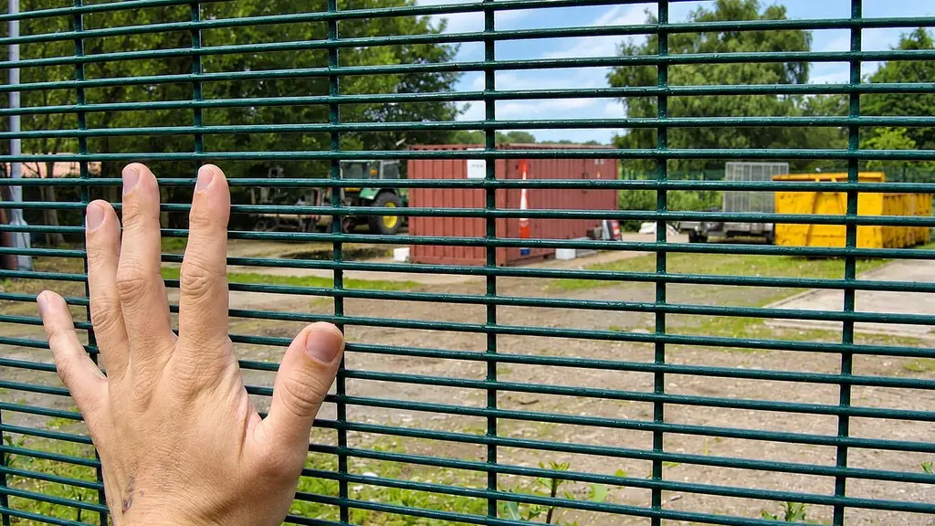 Hand beside the narrow openings of a security mesh panel