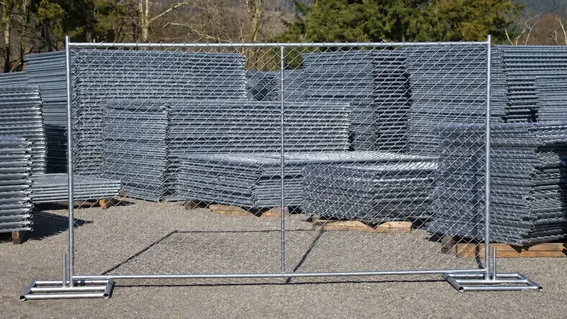 Stacked temporary chain link panels and metal feet in a storage yard
