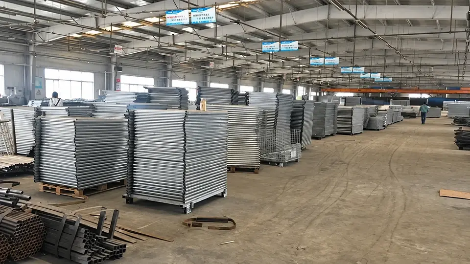 Stacks of metal mesh panels arranged inside a workshop