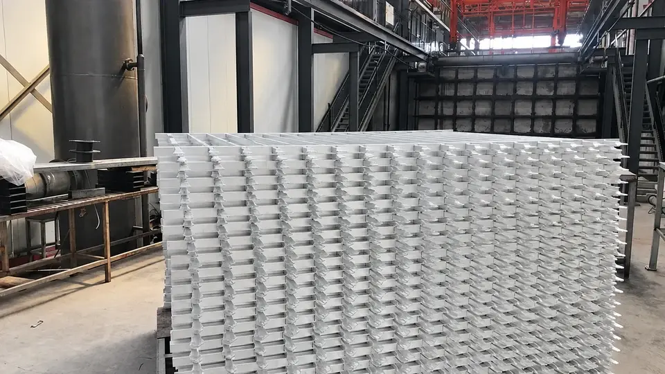Stacked galvanized mesh panels in a workshop