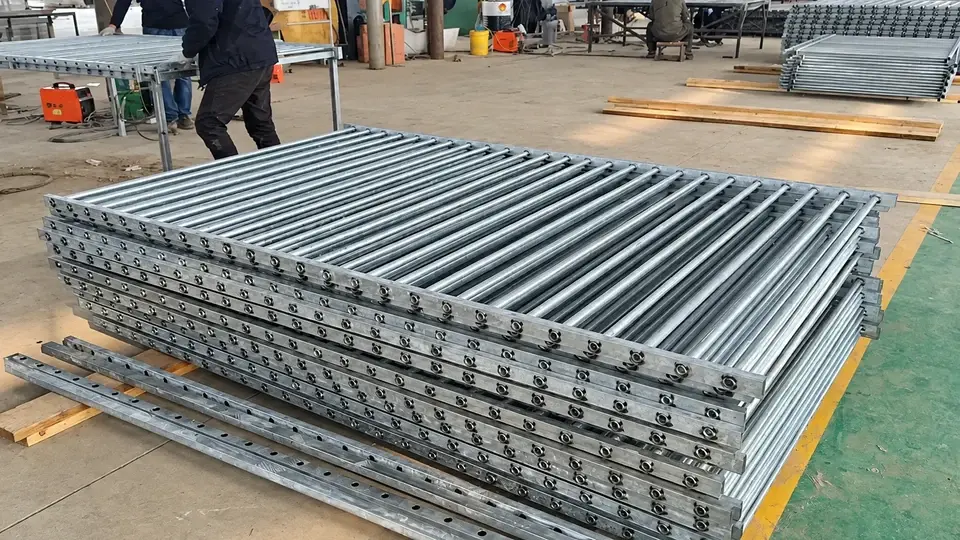 Uncoated metal railing panels stacked in a workshop