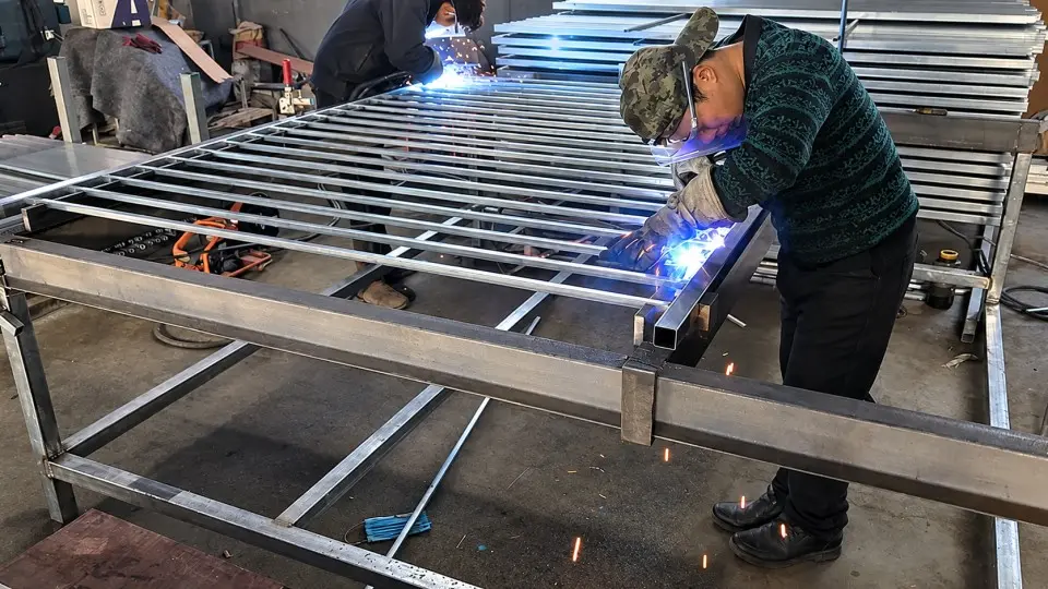 Steel railing frame during fabrication