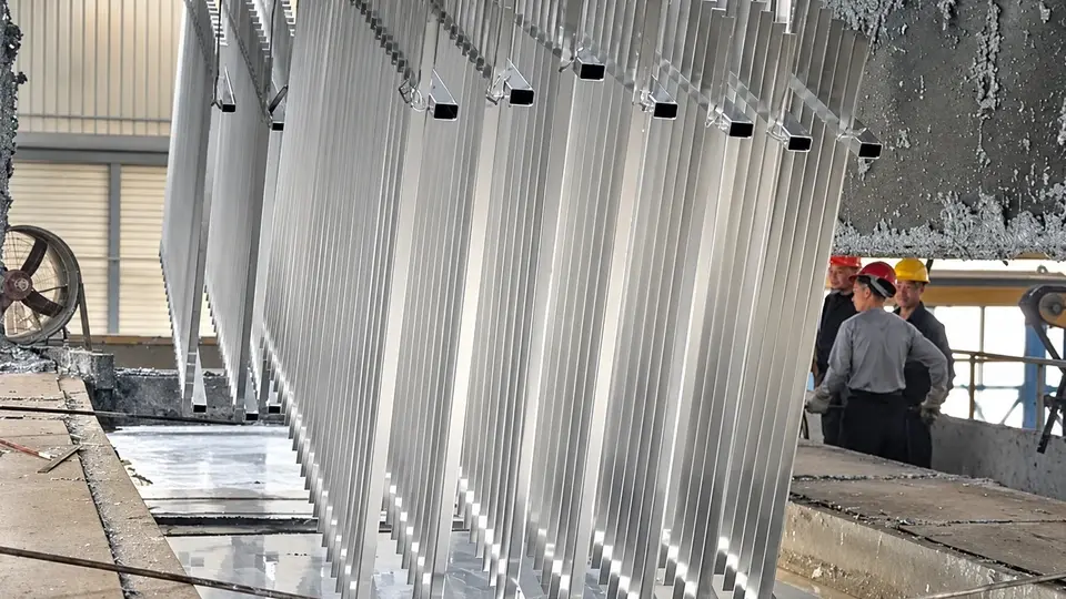 Metal panels suspended over a hot dip galvanizing bath
