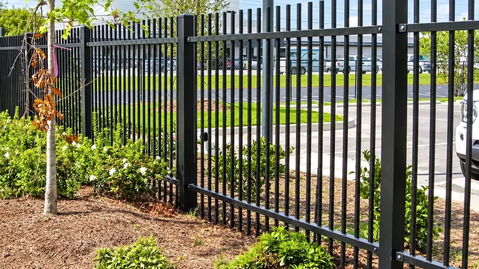Stepped black metal fence panels beside a sloping path
