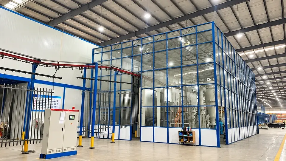 Enclosed coating line with suspended metal components