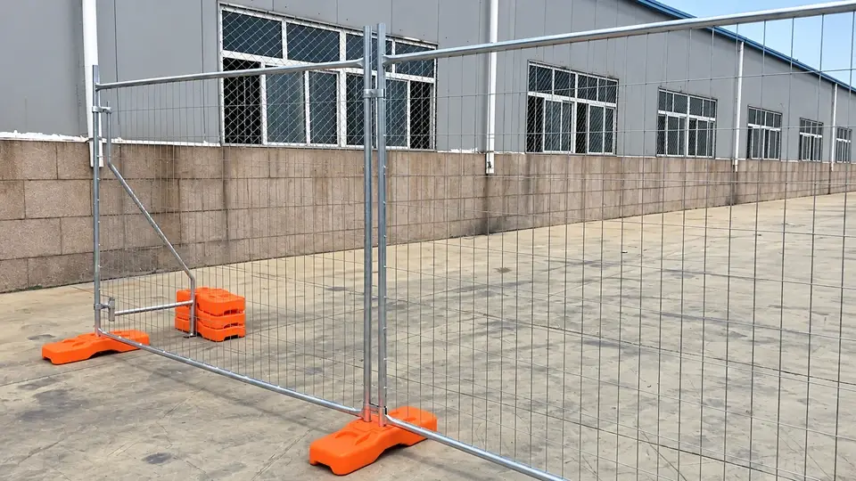 Temporary welded mesh panels supported on orange feet