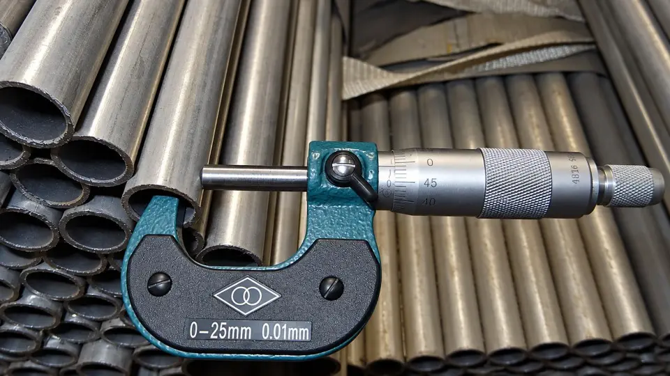 Micrometer measuring the wall of a galvanized tube