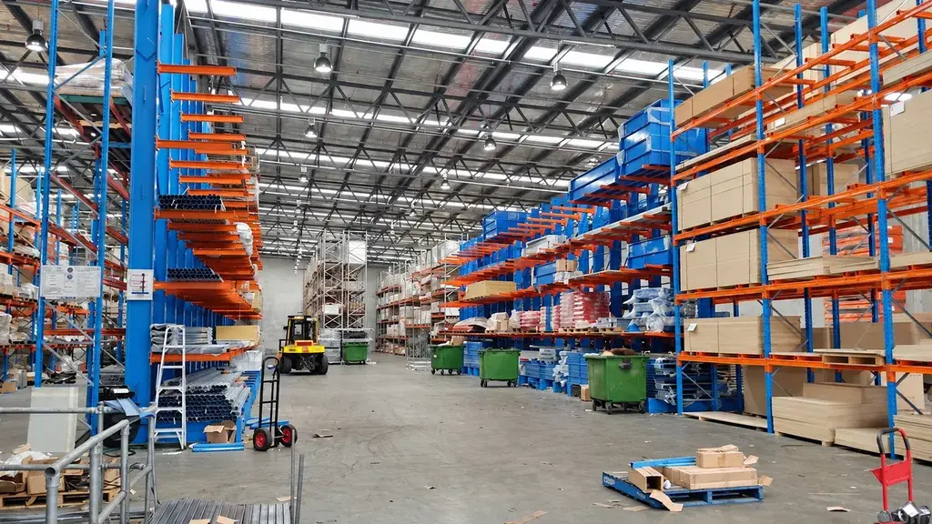 Metal profiles stored on warehouse racks