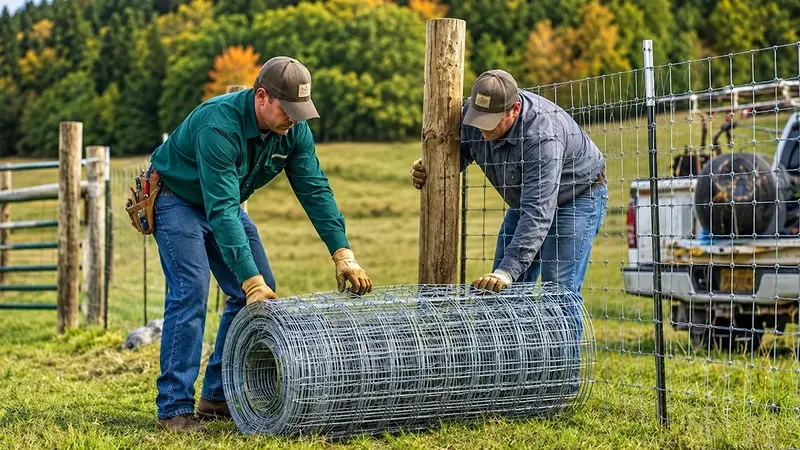 Workers unrolling woven wire fencing along a field boundary