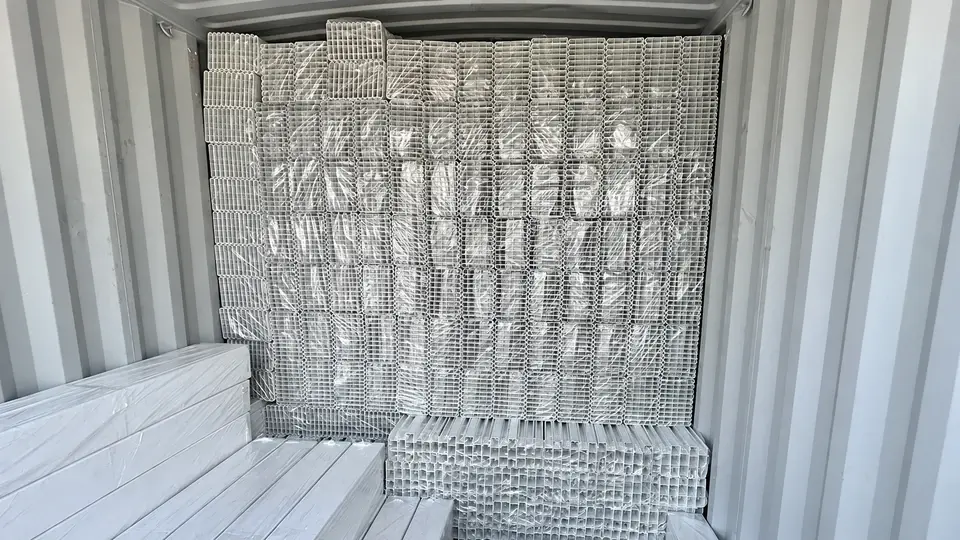 Wrapped fence components packed inside a shipping container
