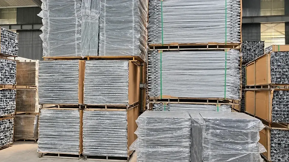 Wrapped fence panels stacked on timber pallets