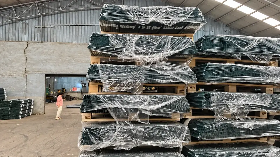 Wrapped bundles of steel fence posts on pallets