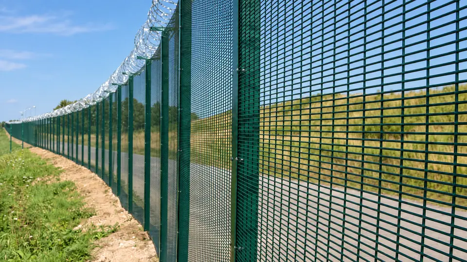 Green close-spaced security mesh beside a perimeter path