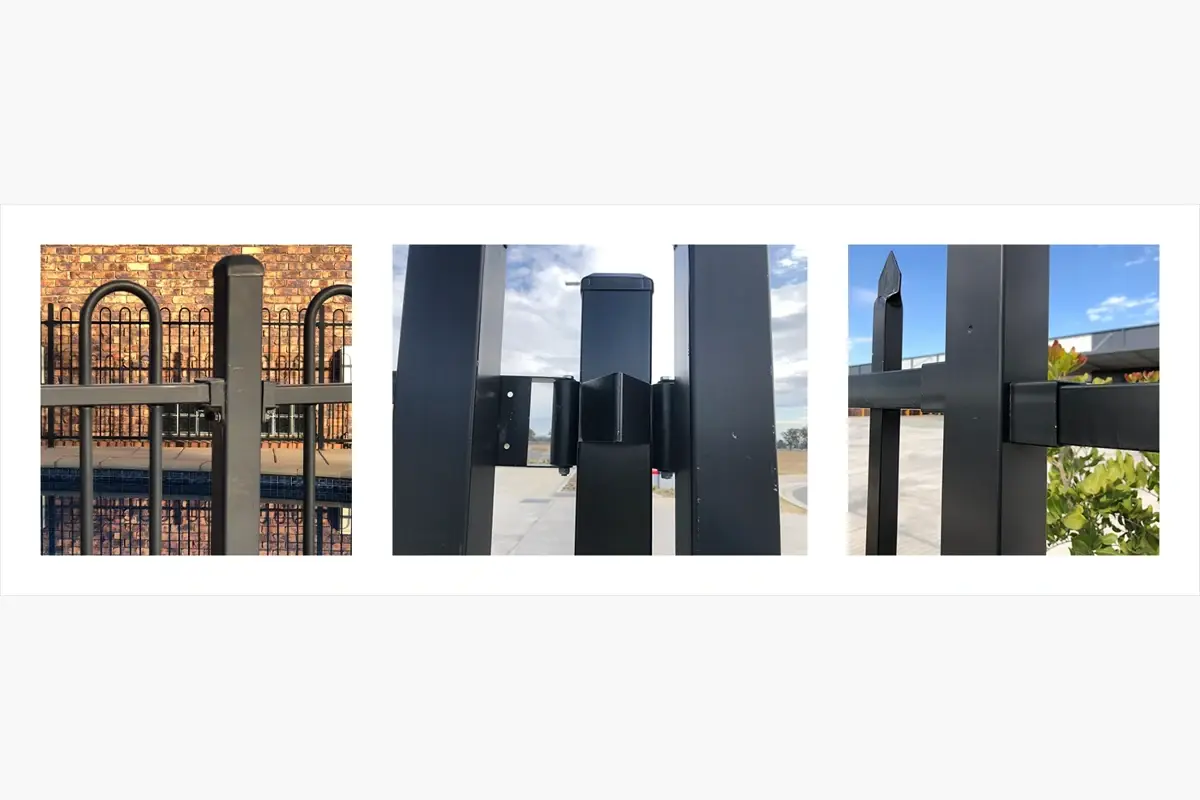 Examples of metal fence panel and post bracket connections