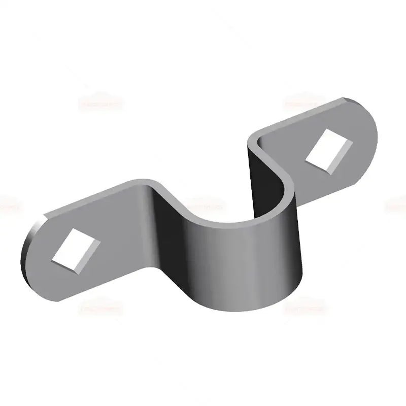 Grey formed steel fence clip with a round seat and two fixing holes