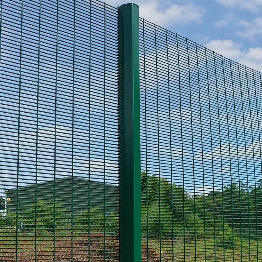 Green flat welded mesh panels and a matching fence post