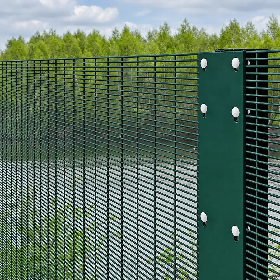 Bolted green clamp bar holding a close-spaced mesh panel edge