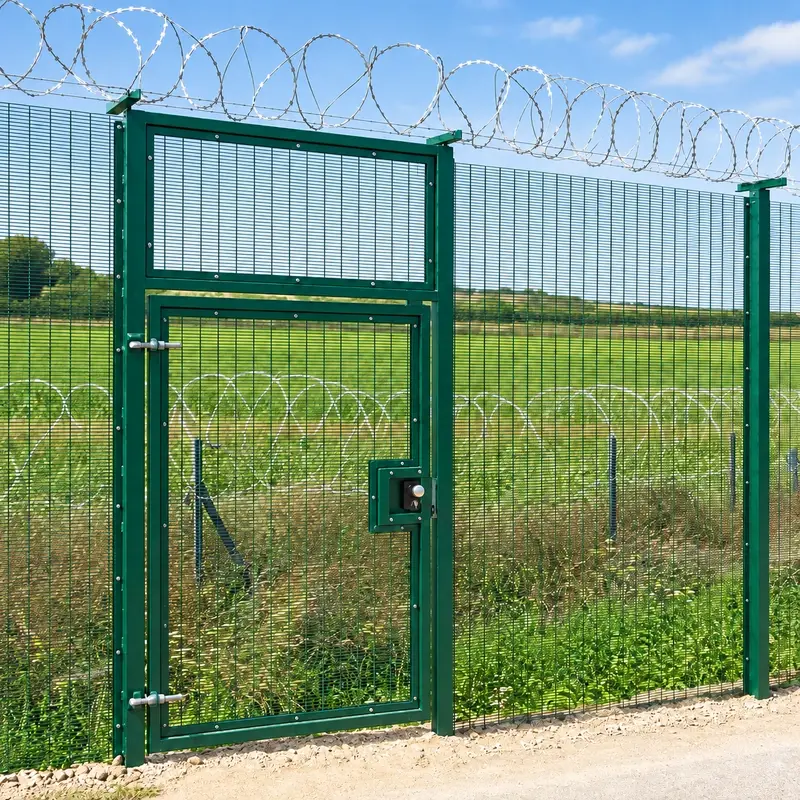 Green 358 mesh pedestrian gate in a fenced boundary