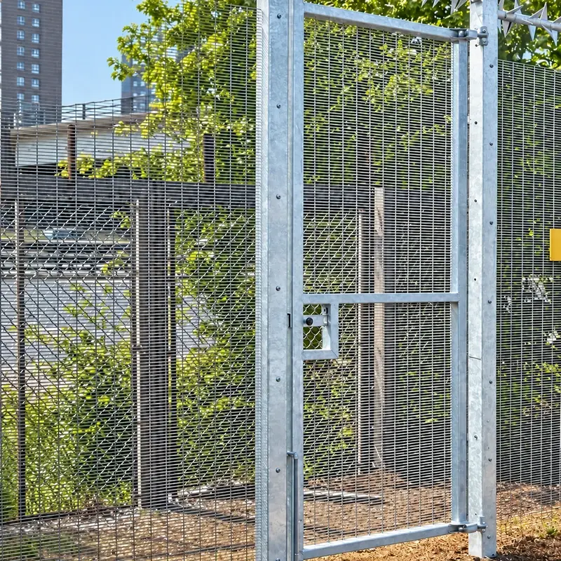 Steel 358 mesh pedestrian gate and adjoining fence post