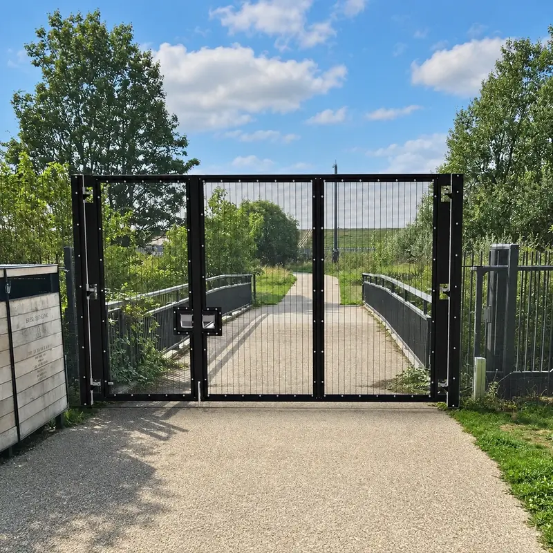 Black close-mesh double-leaf vehicle gate across a road entrance