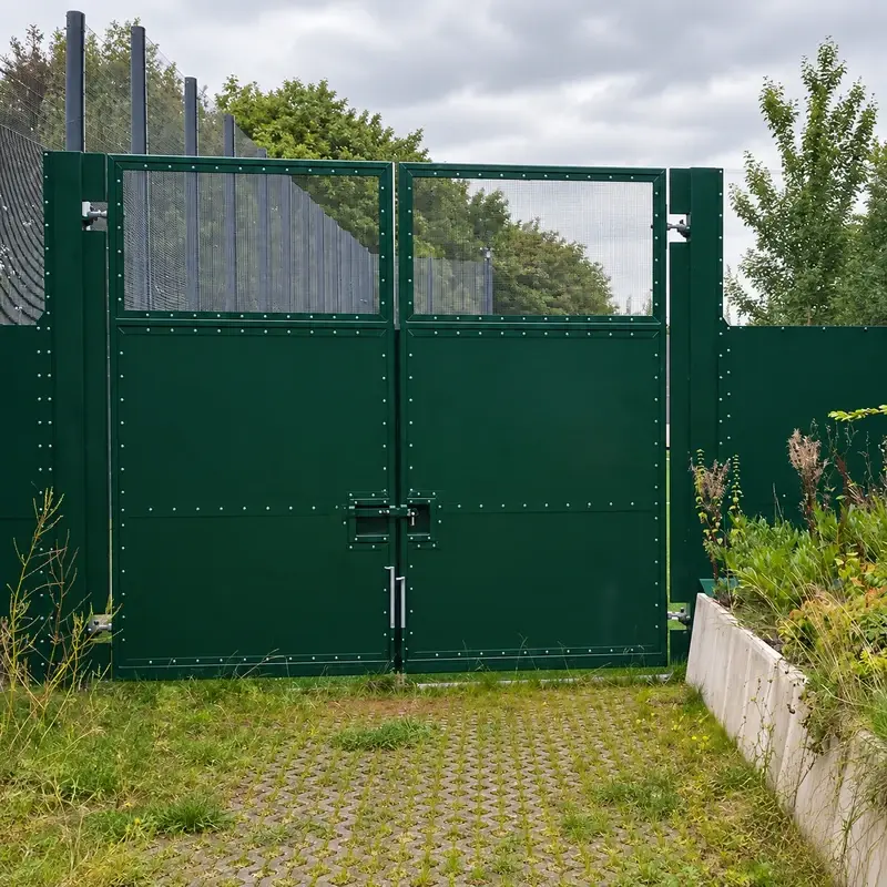 Green double-leaf vehicle gate with central meeting edges