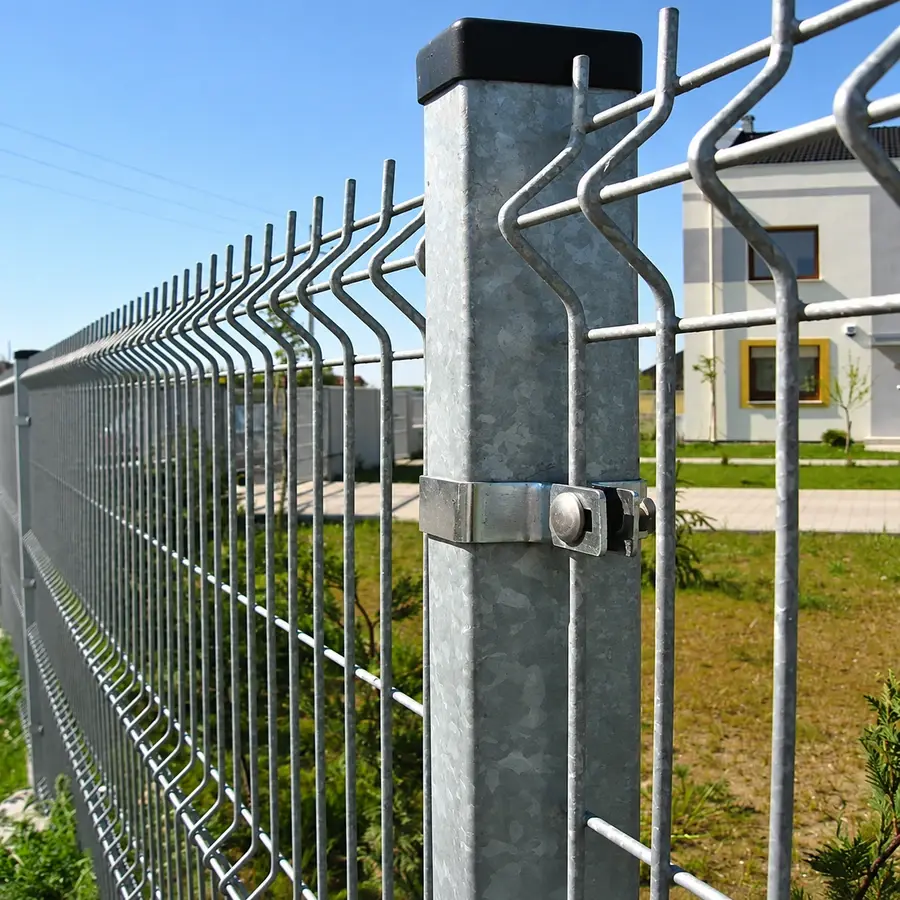 Clamp connecting a folded welded mesh panel to a square post
