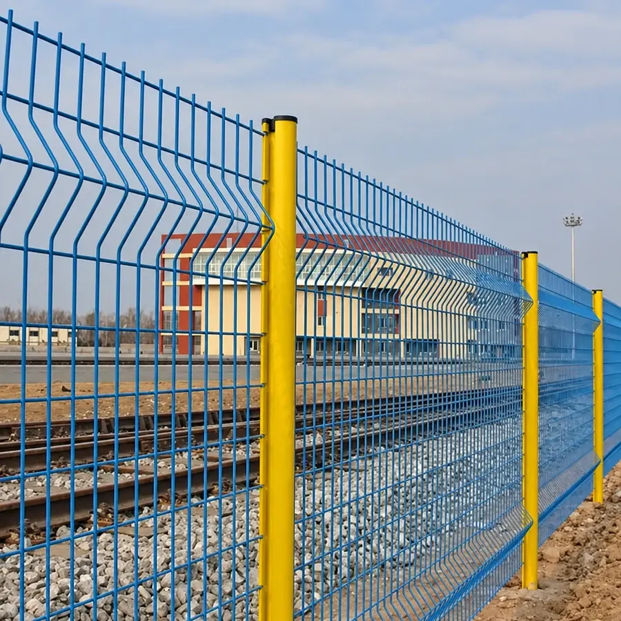 Folded welded mesh panels supported by yellow posts
