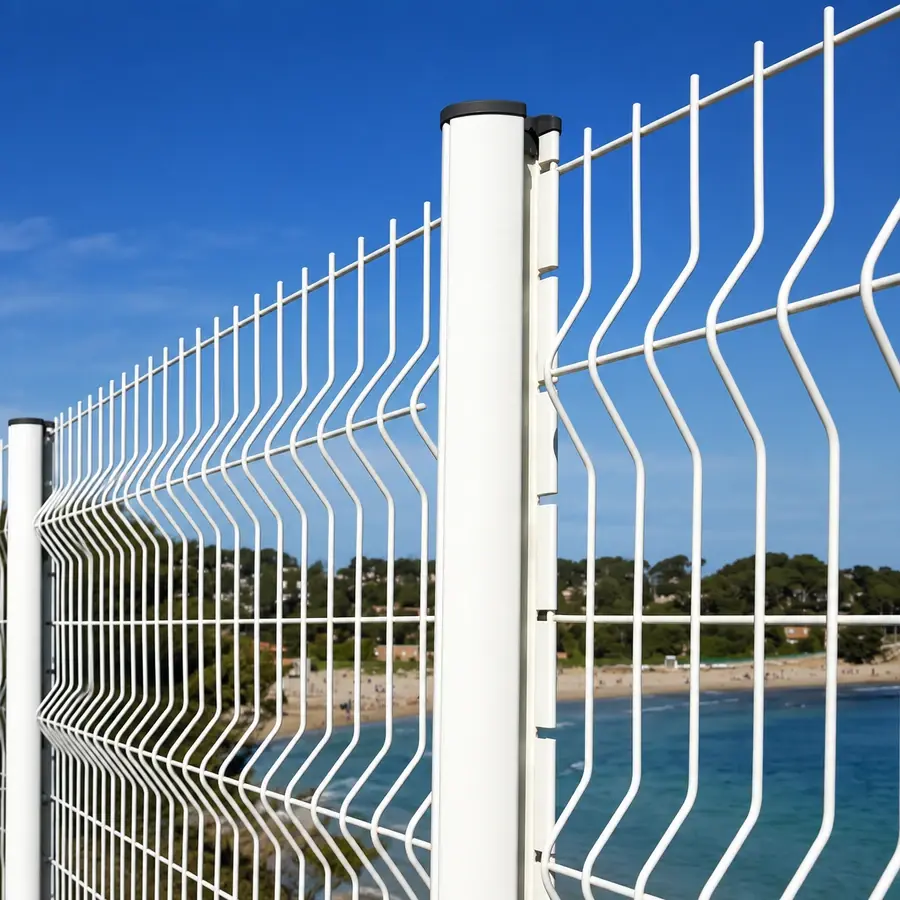 White welded mesh fence with V-shaped folds