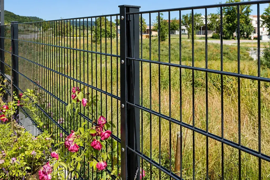 Black twin-wire mesh panels forming an open garden boundary
