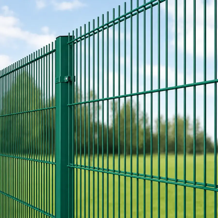 Green twin-wire fence panels with open rectangular mesh