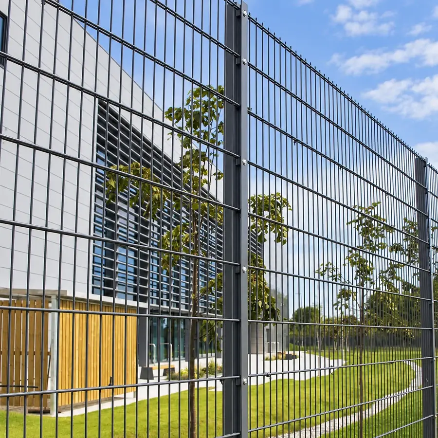 Grey double-wire panels beside a modern building