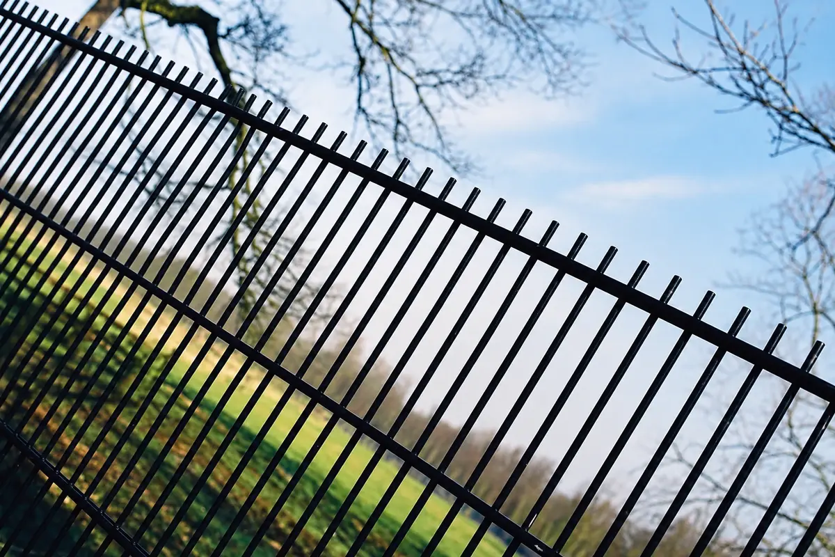 Paired horizontal wires along the upper edge of a dark mesh panel
