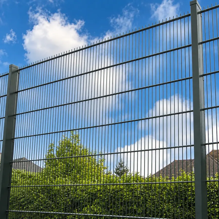 Dark twin-wire fence panels against a blue sky