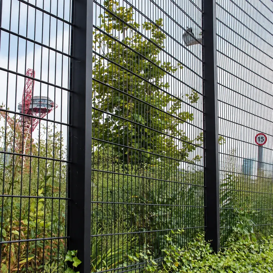 Black twin-wire mesh panels fixed to square posts