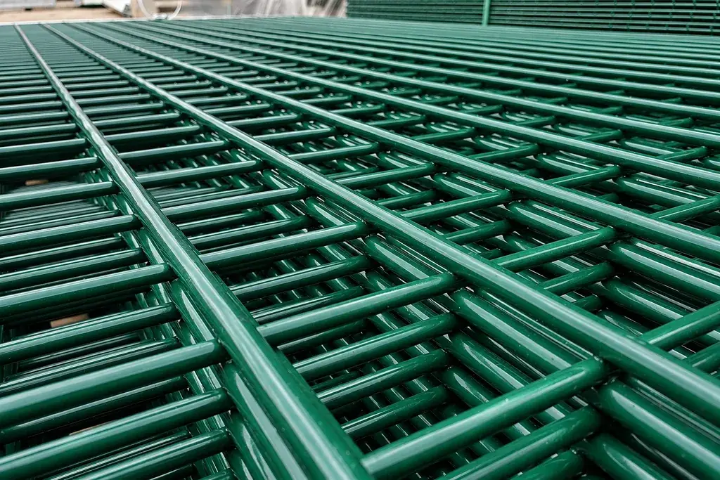 Green welded mesh panels stacked with their horizontal wires visible