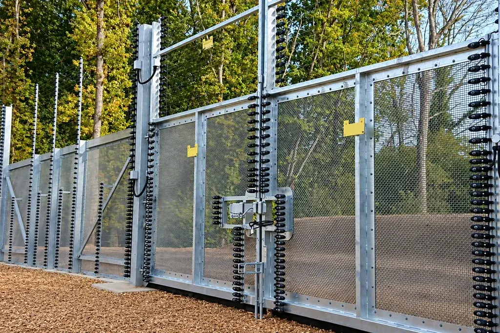 Mesh security access gate integrated into a tall perimeter fence.