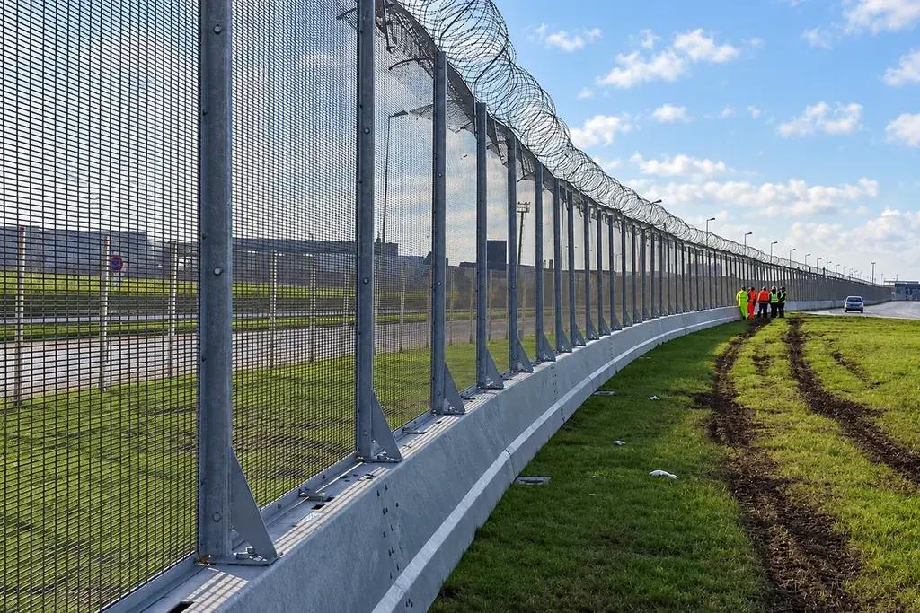 Long metal security fence following a grassed ground edge.