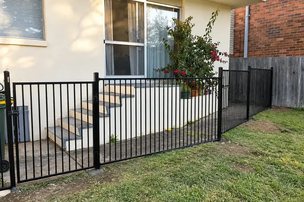 Black aluminium picket fence following a changing ground level beside a house