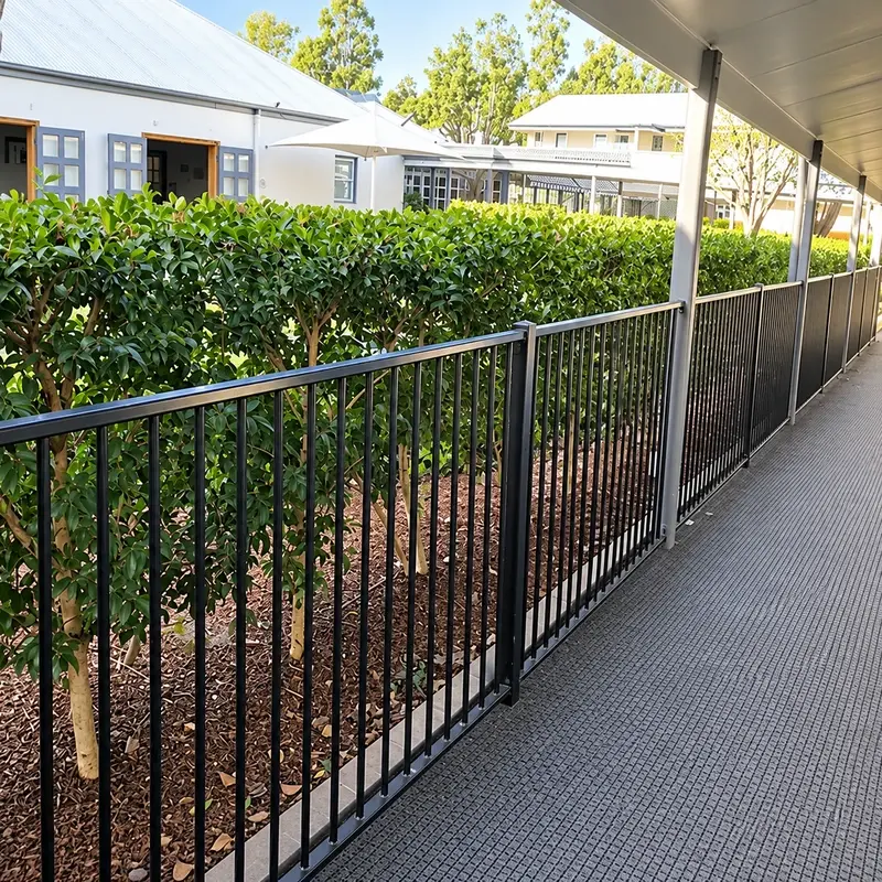 Black aluminium picket fence beside a paved garden walkway