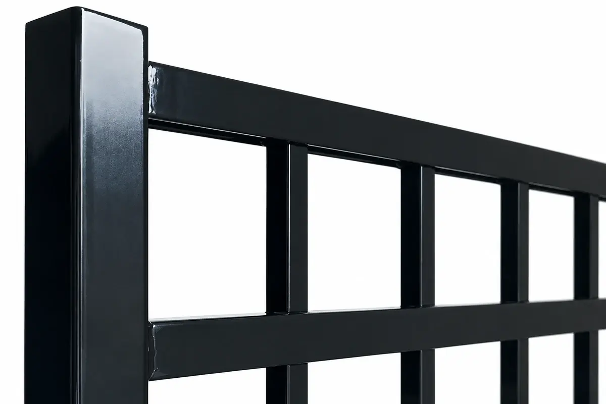 Black aluminium picket panel connected to a square support post