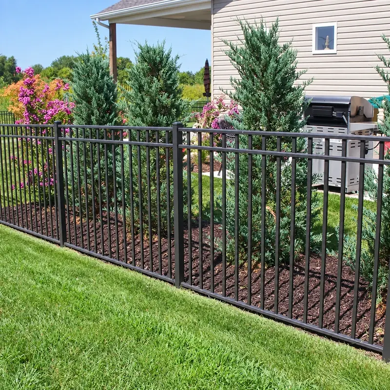 Black aluminium picket fence with three rails along a planted garden