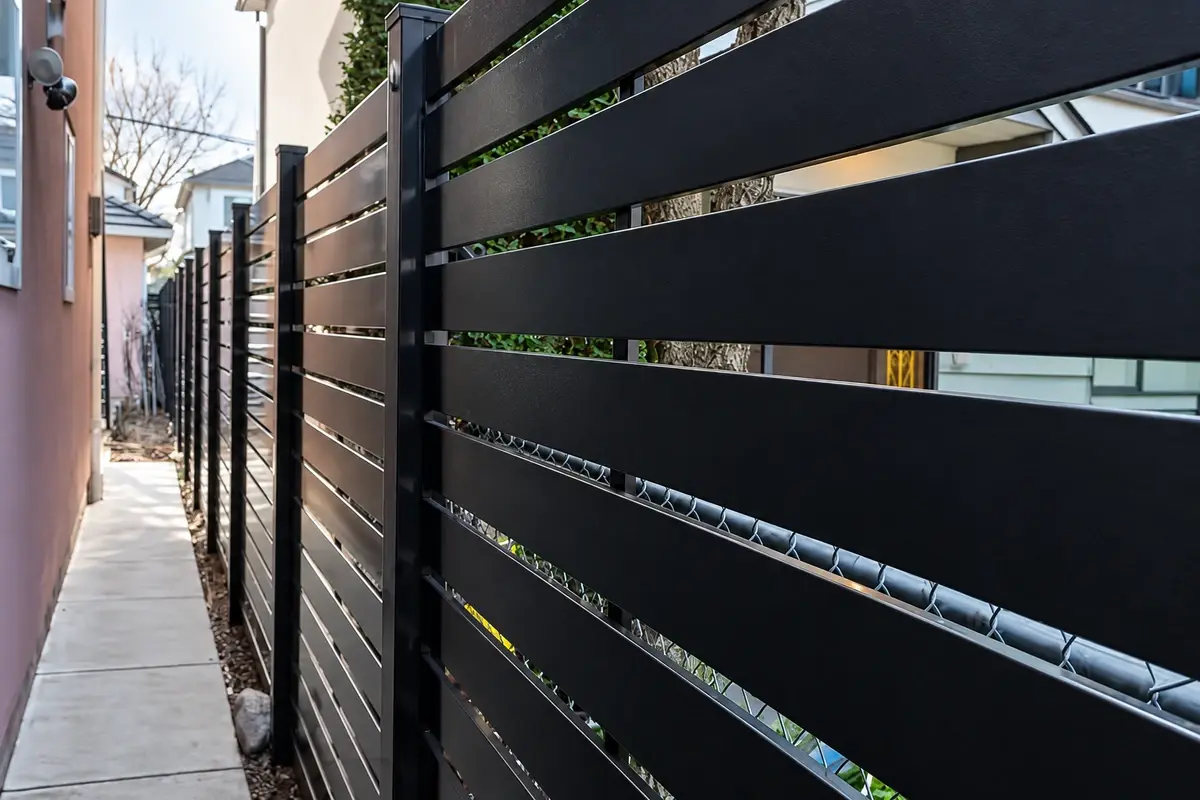 Oblique view through the gaps between dark horizontal aluminium slats