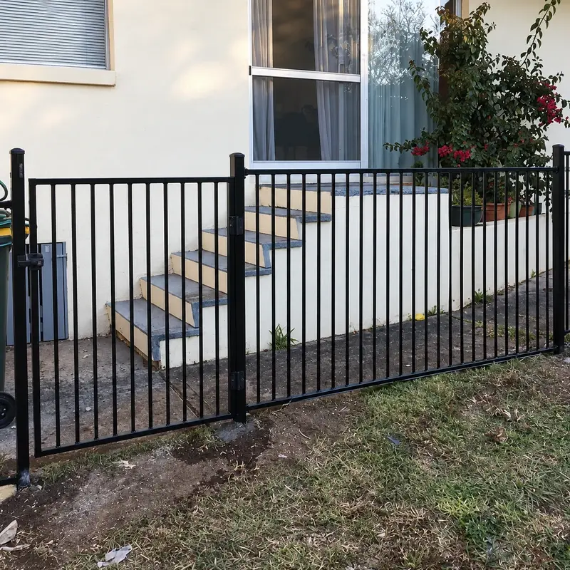Black aluminium picket fence following a sloping lawn beside a house