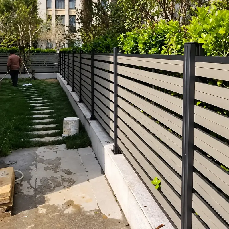 Horizontal aluminium slats with visible gaps beside a garden path