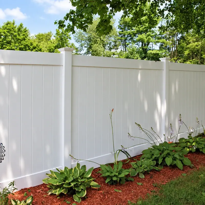 White solid PVC privacy fence with capped posts beside a planted garden bed