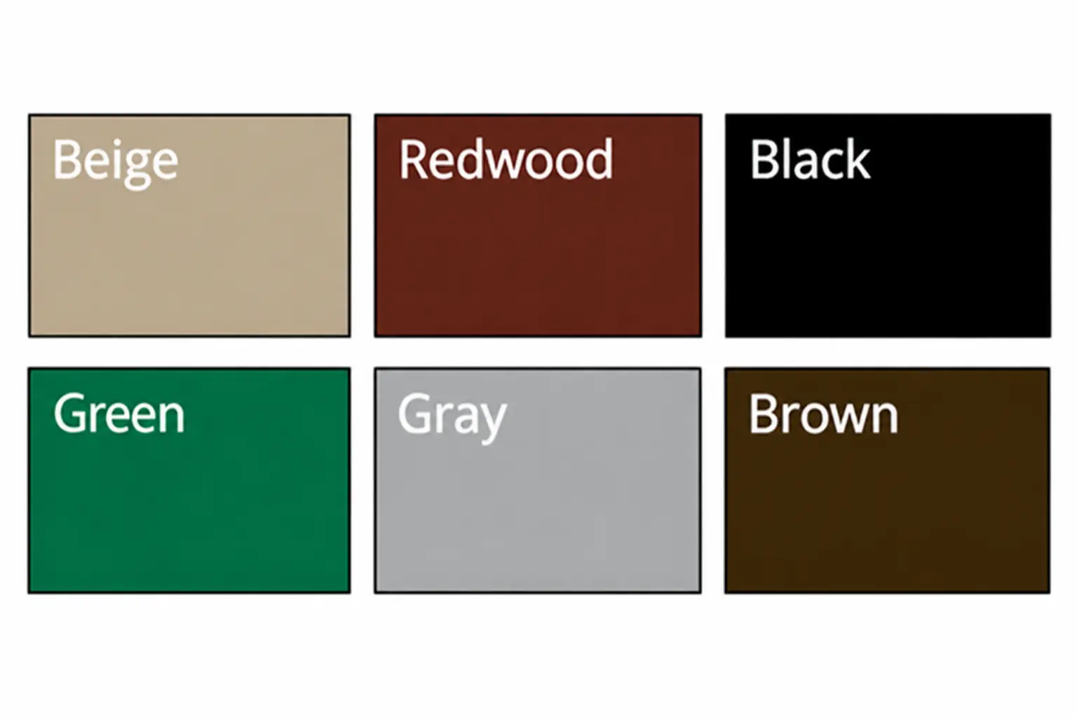 Six example powder-coat colour swatches for aluminium slat fencing