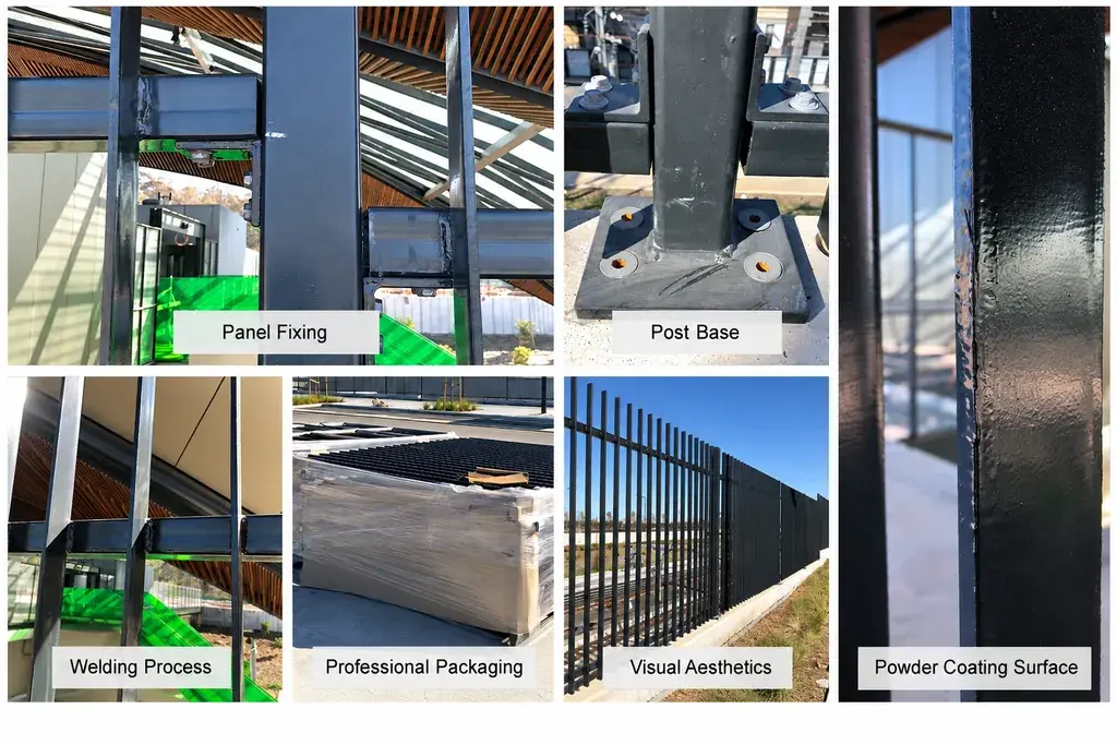 Aluminium fence panel fixing, post base, welding, packing and coating details
