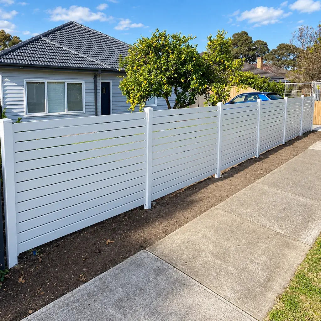 White horizontal aluminium slat fence beside a driveway