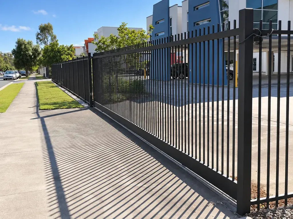 Black metal fence and gate beside a pavement and buildings